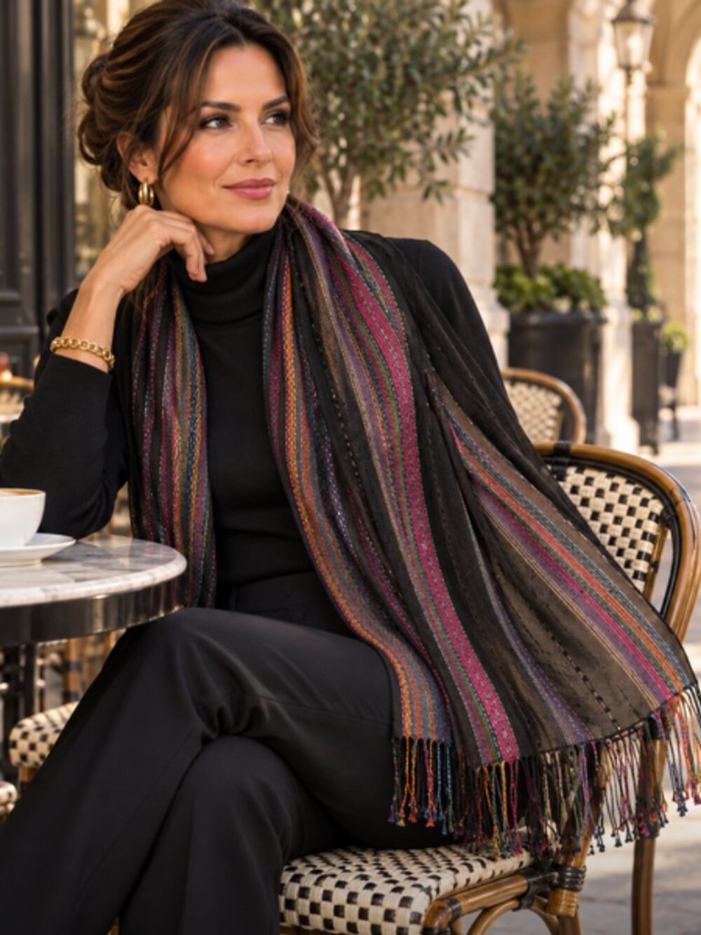 Black Sheer Jewel Tone Striped Scarf Wrap Fringe 75 x 19.75 Statement